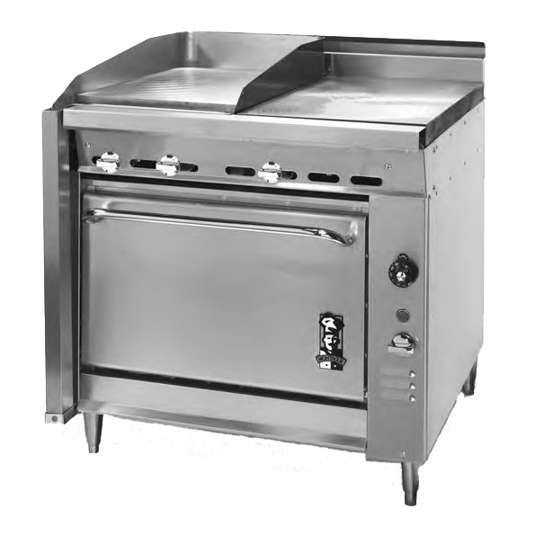 Montague Stainless Steel Heavy Duty 36" Wide Gas Range with Manual Controls and Even Heat Hot Top