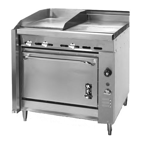 Montague Stainless Steel Heavy Duty 36" Wide Gas Range with Manual Controls and Even Heat Hot Top