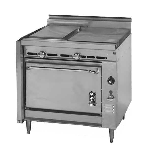 Montague Stainless Steel Heavy Duty 36" Wide Gas Range with Plancha Top and Manual Controls and Even Heat Hot Top