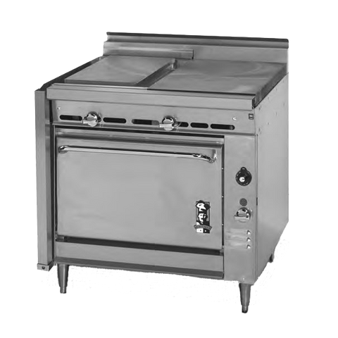 Montague Stainless Steel Heavy Duty 36" Wide Gas Range with Plancha Top and Manual Controls and Even Heat Hot Top