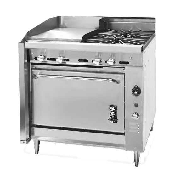 Montague Stainless Steel Heavy Duty 36" Wide Gas Range with Griddle and Manual Controls and Open Burners