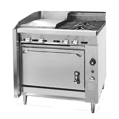 Montague Stainless Steel Heavy Duty 36" Wide Gas Range with Griddle and Manual Controls and Open Burners
