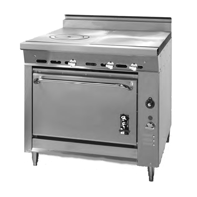 Montague Stainless Steel Heavy Duty 36" Wide Gas Range with Ring/Cover and Even Heat Hot Tops