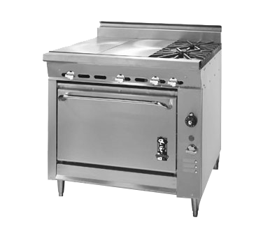 Montague Stainless Steel Heavy Duty 36" Wide Gas Range with Even Heat Hot Tops and Open Burners