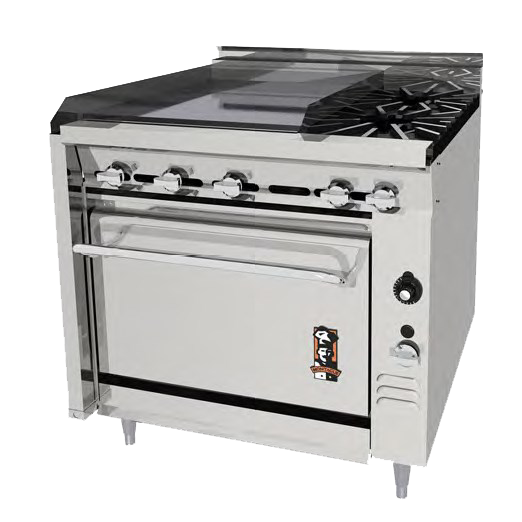 Montague Stainless Steel Heavy Duty 36" Wide Gas Range with Manual Control and Plancha Top and Open Burners