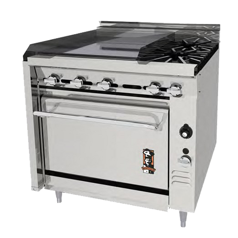 Montague Stainless Steel Heavy Duty 36" Wide Gas Range with Manual Control and Plancha Top and Open Burners