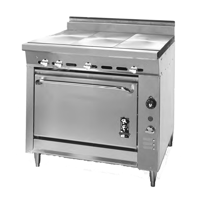 Montague Stainless Steel Heavy Duty 36" Wide Gas Range with (3) Even Heat Hot Tops