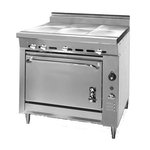 Montague Stainless Steel Heavy Duty 36" Wide Gas Range with (3) Even Heat Hot Tops