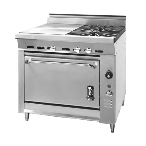 Montague Stainless Steel Heavy Duty 36" Wide Gas Range with Even Heat Hot Top and Open Burners