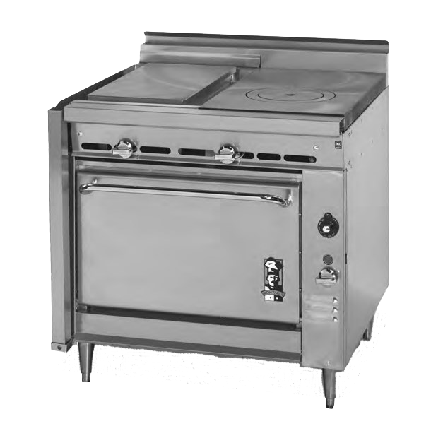 Montague Stainless Steel Heavy Duty 36" Wide Gas Range with Plancha Top and Manual Control and Hot Top