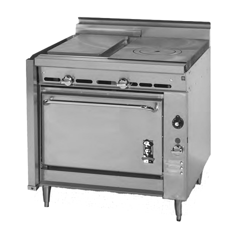 Montague Stainless Steel Heavy Duty 36" Wide Gas Range with Plancha Top and Manual Control and Hot Top