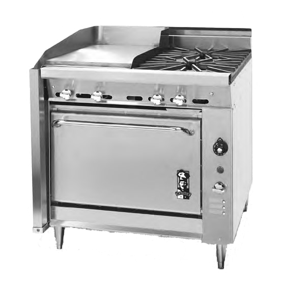 Montague Stainless Steel Heavy Duty 36" Wide Gas Range with 18" Griddle and Manual Control and Open Burners