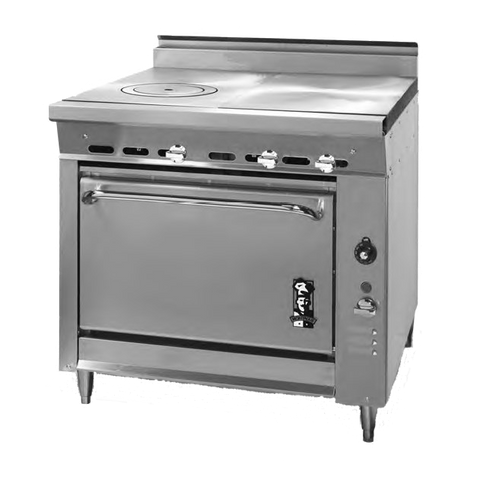 Montague Stainless Steel Heavy Duty 36" Wide Gas Range with Ring/Cover and Even Heat Hot Tops