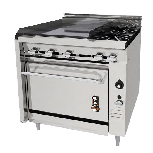 Montague Stainless Steel Heavy Duty 36" Wide Gas Range with Plancha Top and Manual Control and Open Burners