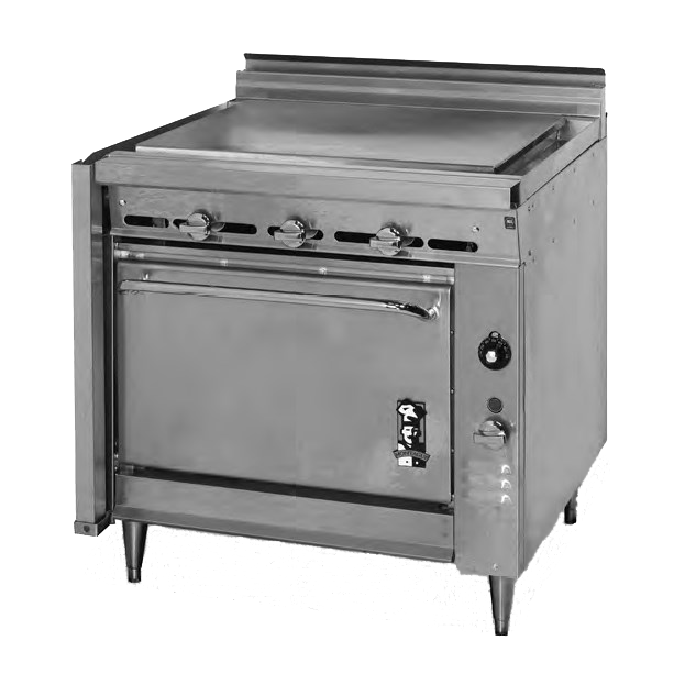 Montague Stainless Steel Heavy Duty 36" Wide Gas Range with Plancha Top and Manual Control and Open Cabinet Base