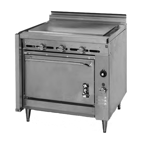 Montague Stainless Steel Heavy Duty 36" Wide Gas Range with Plancha Top and Manual Control and Open Cabinet Base