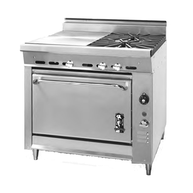 Montague Stainless Steel Heavy Duty 36" Wide Gas Range with Even Heat Hot Top and Open Burners