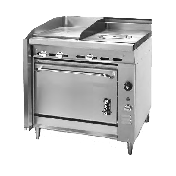 Montague Stainless Steel Heavy Duty 36" Wide Gas Range with 18" Griddle and Manual Control and Ring/Cover Hot Top