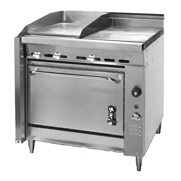 Montague Stainless Steel Heavy Duty 36" Wide Gas Range with 18" Griddle and Manual Controls and Even Heat Hot Top
