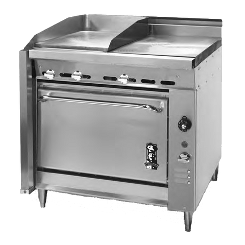 Montague Stainless Steel Heavy Duty 36" Wide Gas Range with 18" Griddle and Manual Controls and Even Heat Hot Top