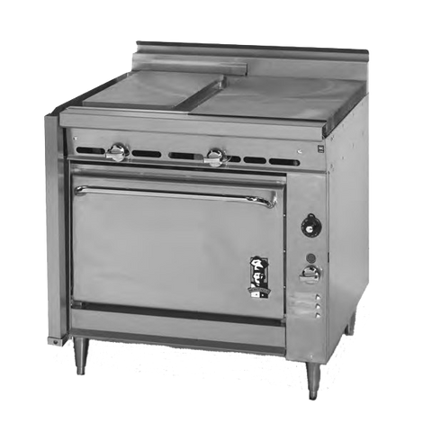 Montague Stainless Steel Heavy Duty 36" Wide Gas Range with Plancha and Even Heat Hot Tops and Manual Control