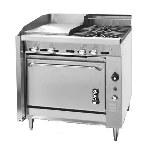 Montague Stainless Steel Heavy Duty 36" Wide Gas Range with 18" Griddle and Manual Controls and (2) Open Burners