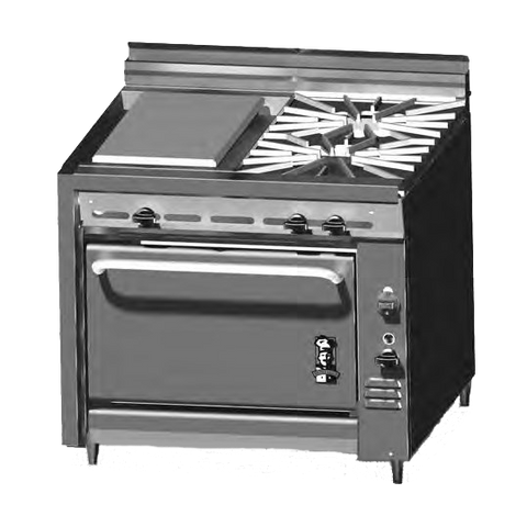 Montague Stainless Steel Heavy Duty 36" Wide Gas Range with Plancha Top and Manual Controls and (2) Open Burners