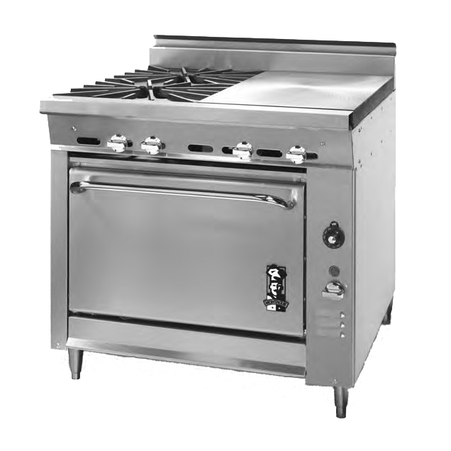 Montague Stainless Steel Heavy Duty 36" Wide Gas Range with Open Burners and Even Heat Hot Top