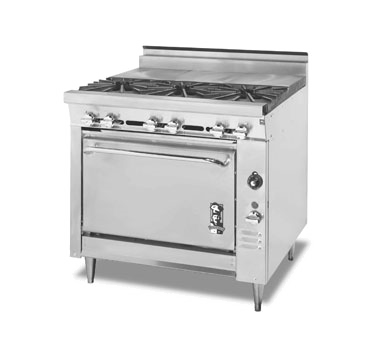 Montague Stainless Steel Heavy Duty 36" Wide Gas Range with (3) Front Open Burners and (3) Rear Even Heat Hot Tops