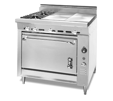 Montague Stainless Steel Heavy Duty 36" Wide Gas Range with (2) Open Burners and (2) Even Heat Hot Tops