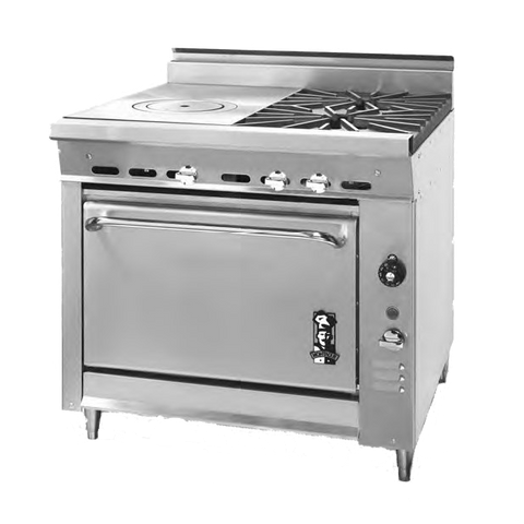 Montague Stainless Steel Heavy Duty 36" Wide Gas Range with (1) Ring/Cover Hot Top (2) Open Burners