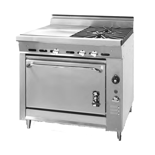 Montague Stainless Steel Heavy Duty 36" Wide Gas Range with (1) Even Heat Hot Top (2) Open Burners