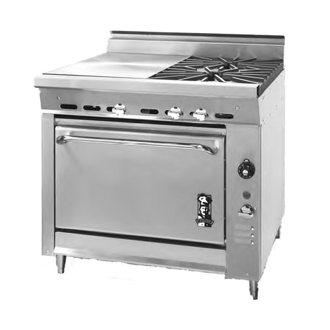 Montague Stainless Steel Heavy Duty 36" Wide Gas Range with (1) Even Heat Hot Top (2) Open Burners