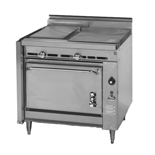 Montague Stainless Steel Heavy Duty 36" Wide Gas Range with Plancha and Even Heat Hot Tops and Manual Control