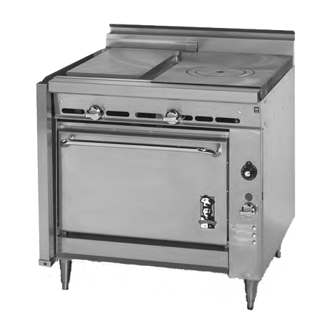 Montague Stainless Steel Heavy Duty 36" Wide Gas Range with (1) 18" Plancha Top and (1) 18" Ring/Cover Hot Top and Manual Control