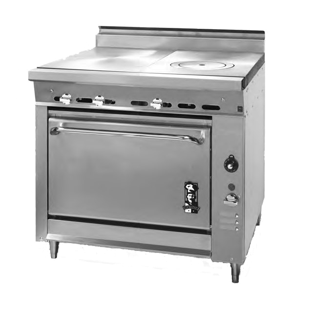 Montague Stainless Steel Heavy Duty 36" Wide Gas Range with (1) 18" Even Heat Hot Top and (1) 18" Ring/Cover Hot Top
