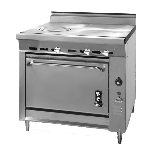 Montague Stainless Steel Heavy Duty 36" Wide Gas Range with (1) 18" Ring/Cover Hot Top and (1) 18" Even Heat Hot Top