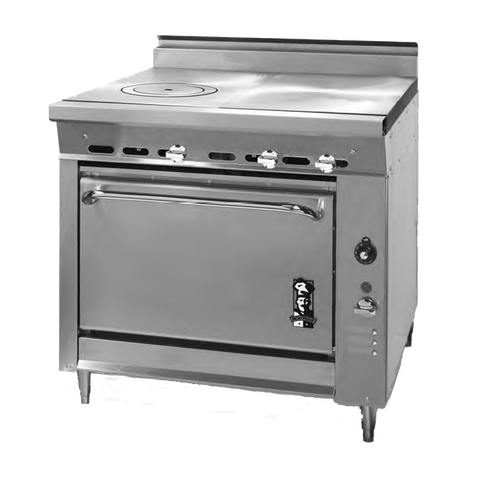 Montague Stainless Steel Heavy Duty 36" Wide Gas Range with (1) 18" Ring/Cover Hot Top and (1) 18" Even Heat Hot Top