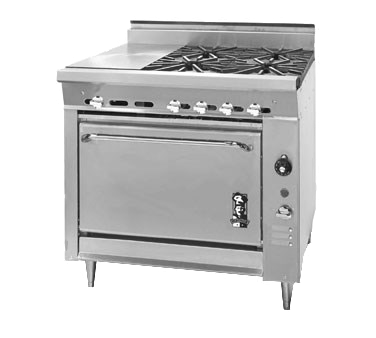 Montague Stainless Steel Heavy Duty 36" Wide Gas Range with (1) 12" Even Heat Hot Top and (4) 12" Open Burners