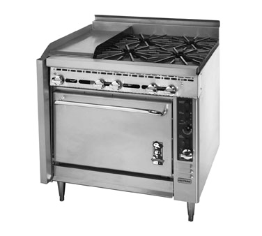 Montague Stainless Steel Heavy Duty 36" Wide Gas Range with 12" Griddle and Manual Control and (4) Open Burners