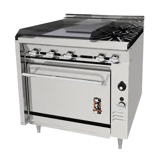 Montague Stainless Steel Heavy Duty 36" Wide Gas Range with (1) 24" Plancha Top and (2) Open Burners and Manual Control