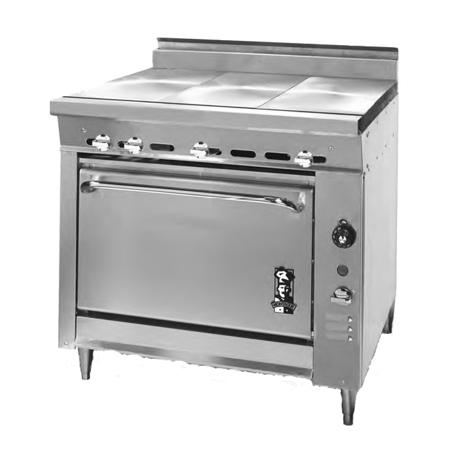 Montague Stainless Steel Heavy Duty 36" Wide Gas Range with (3) 12" Even Heat Hot Tops