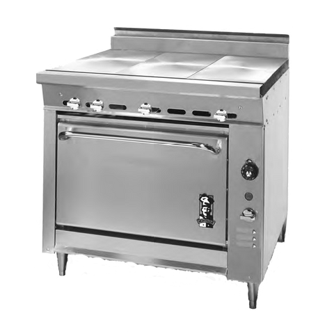 Montague Stainless Steel Heavy Duty 36" Wide Gas Range with (3) 12" Even Heat Hot Tops