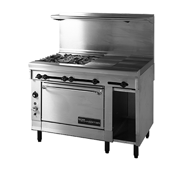 Montague Stainless Steel Restaurant 48" Wide Gas Range with 36" Griddle and (2) Open Burners and (2) Compact Oven Bases