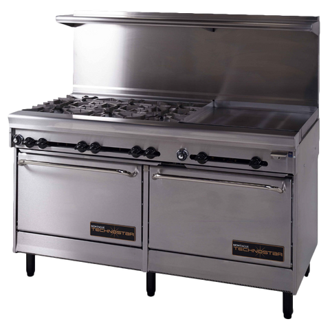 Montague Stainless Steel Restaurant 60" Wide Gas Range with 48" Griddle and (2) Open Burners and (2) Standard Oven Bases