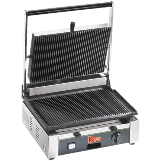 Grindmaster Cecilware Sandwich/Panini Grill Single 14-1/2"W Grooved Surface Stainless Steel