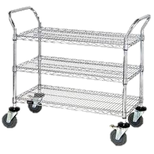 Quantum FoodService Metal Wire Cart 36"W x 18"D Three Shelves Chrome Finish