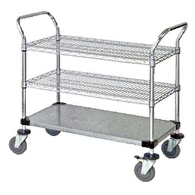 Quantum FoodService Metal Wire Cart 36"W x 18"D Three Shelves (Wire & Solid)