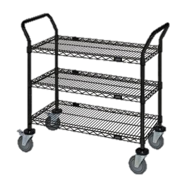 Quantum FoodService Metal Wire Cart 36"W x 18"D Three Shelves Black Finish