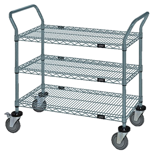 Quantum FoodService Metal Wire Cart 36"W x 18"D Three Shelves Gray Finish